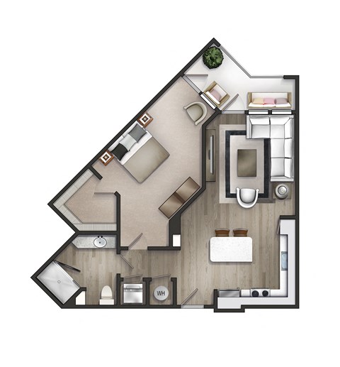 Floor plan for 1 bed, 1 bath, 858 sqft